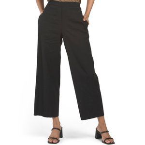 THEORY Deep Navy Linen Blend Caliver Wide Leg Pull On Pants